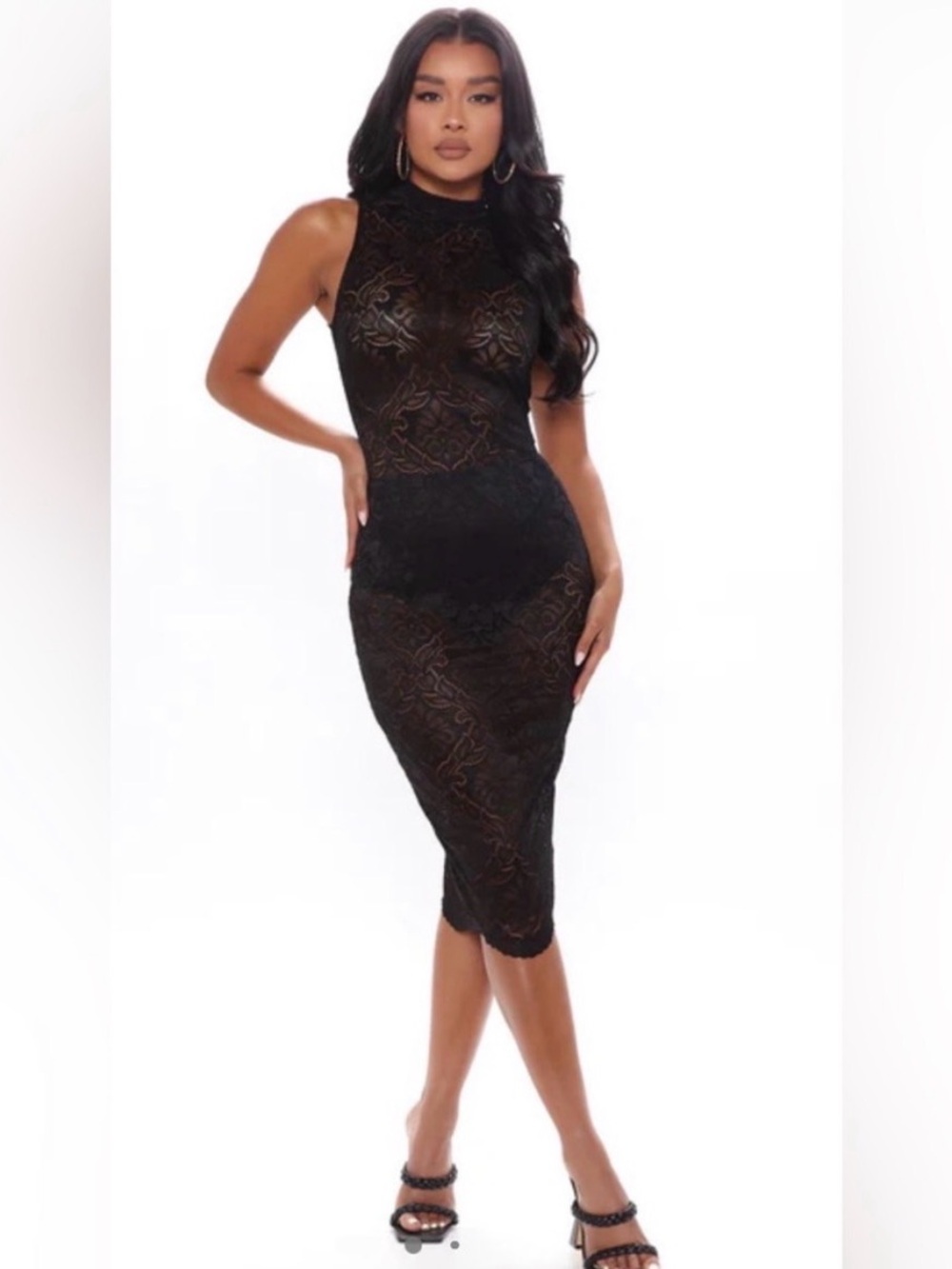 Fashion Nova Black Lace High-Neck Sleeveless Midi Dress